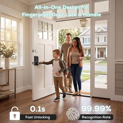 Smart Door Lock Keyless Entry, 6-in-1 Biometric Deadbolt w/Fingerprint, Keypad, IC Card, APP, Key, Type-C Charging, IP65 Waterproof, Bluetooth, Doorbell & Auto-Lock for Front Door Home Security