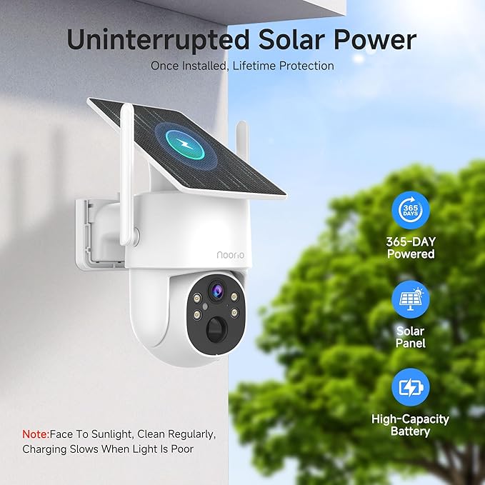 Noorio 2K Solar Security Camera Wireless Outdoor, 360° Pan/Tilt Camera with Dual-Band WiFi 2.4/5G, Fixed Solar Panel, AI Human Detection, Color Night Vision, 4MP, IP65 Weatherproof, 2-Way Audio