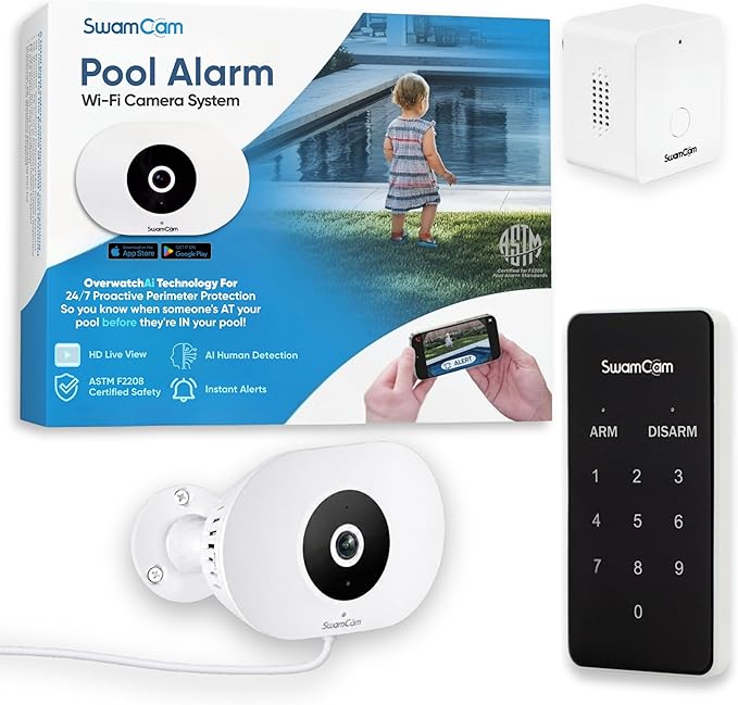 SwamCam Pool Alarm Wi-Fi Camera System – ASTM F2208 Certified – Smart Pool Safety for In-ground & Above-Ground Pools – Real-Time Alerts & Live View, Without Wi-Fi Repeater