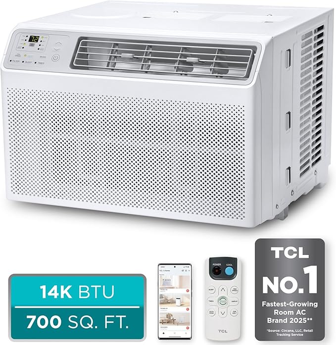 TCL 14000 BTU Smart Window Air Conditioner, Best Compact Energy Efficient AC Unit, Fan & Dehumidifier for Rooms Up To 700 Sq. Ft., Remote Control, Works with Alexa, Google Assistant & TCL Home App