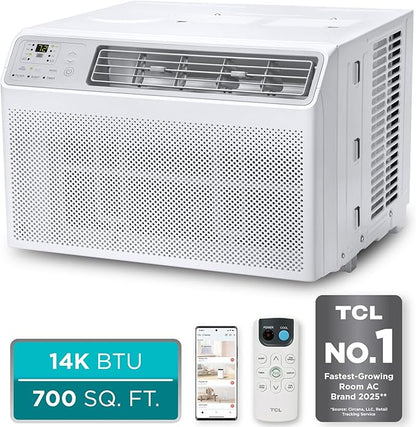 TCL 14000 BTU Smart Window Air Conditioner, Best Compact Energy Efficient AC Unit, Fan & Dehumidifier for Rooms Up To 700 Sq. Ft., Remote Control, Works with Alexa, Google Assistant & TCL Home App