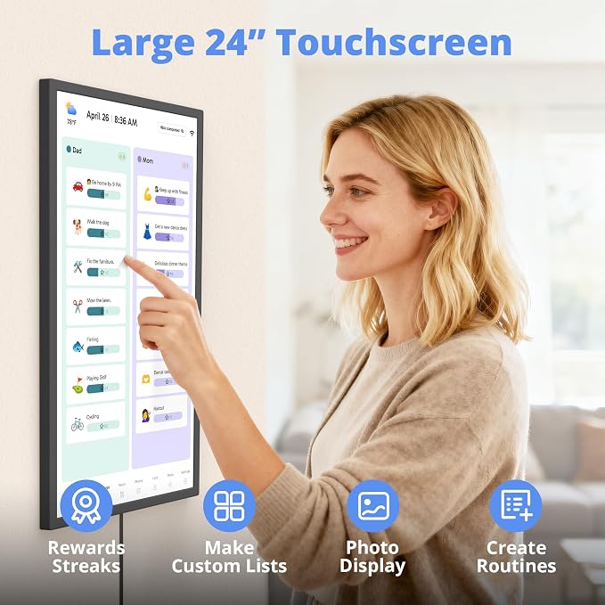 Digital Calendar 24 Inch Touch Screen, Electronic Wall Calendar Chore Chart for Family Monthly/Weekly Planner, Interactive Display Smart Calendar for Home Organization, Desk Mount Included - Black