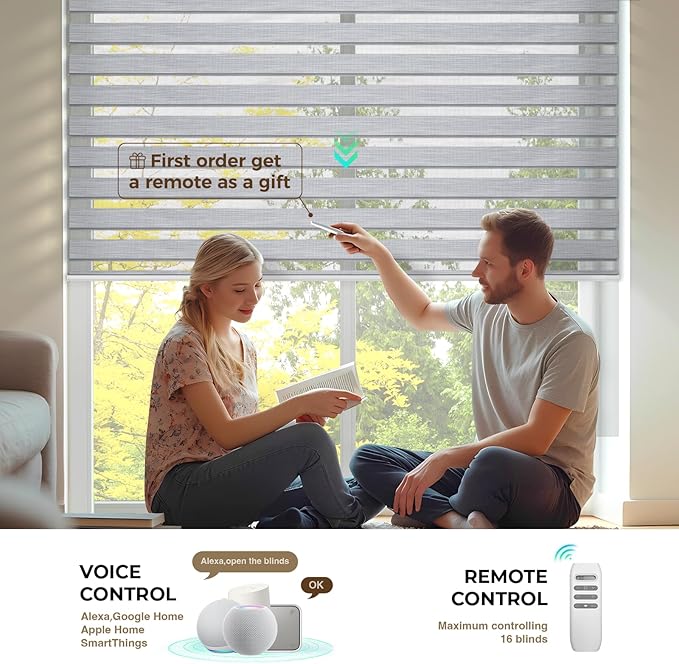 HeyBlinds Motorized Zebra Blinds with Remote, Smart Cordless Electric Zebra Shades for Indoor Windows Compatible with Alexa Google & Homekit, Custom Size (Flourish-Gray BO)