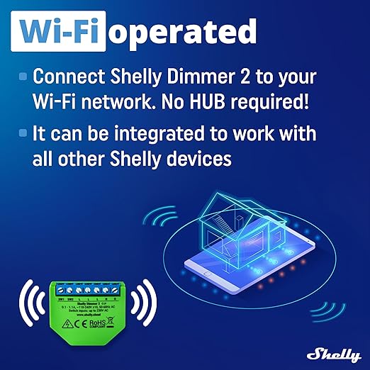 Shelly Dimmer 2 | WiFi Smart Dimmer Switch | No Neutral Wire Required | Home Automation | Compatible with Alexa & Google Home | iOS Android App | No Hub Required | Wireless Switch | Dimmable Lights