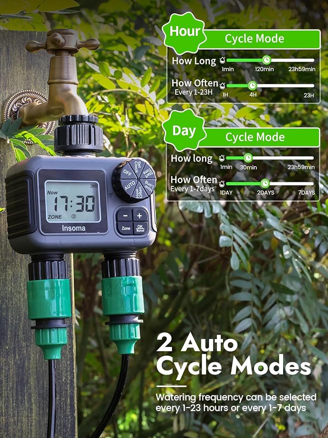 Insoma 2 Zone Water Timer, Programmable Irrigation Sprinkler Timer for Garden Hose, Outdoor Hose Faucet Timers with Rain Delay/Manual/Auto Modes, IPX5 Waterproof for Drip System & Lawn