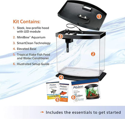 Aqueon LED MiniBow Small Aquarium Fish Tank Kit with SmartClean Technology, Black, 2.5 Gallon