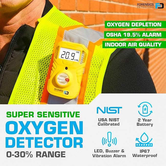 Oxygen Detector | OSHA Alarms | 2-Year Battery Life | 10ft Drop Test Pass | IP67 Waterproof | USA NIST Calibrated