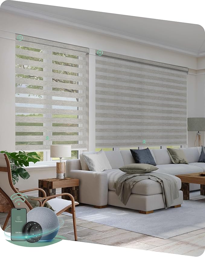 Yoolax Motorized Zebra Blinds Compatible with Alexa, Smart Dual Layer Shades with Privacy Light Control, Electric Horizontal Window Blind Customized Size for Home Office (70% Shading Warm Silver)