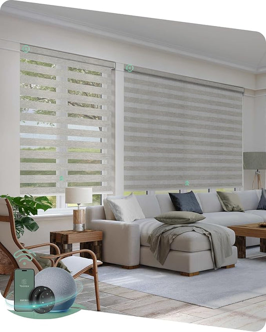 Yoolax Motorized Zebra Blinds Compatible with Alexa, Smart Dual Layer Shades with Privacy Light Control, Electric Horizontal Window Blind Customized Size for Home Office (70% Shading Warm Silver)