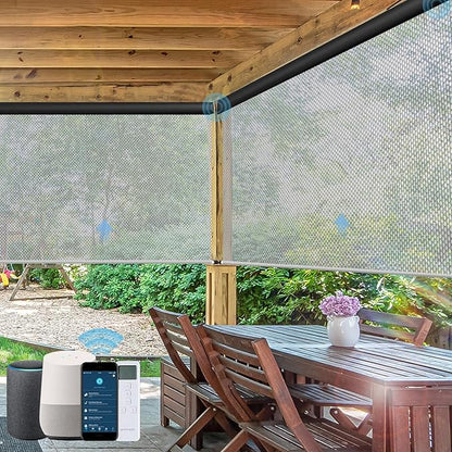 Motorized Outdoor Roller Shades,Patio Roll Up Blind Work with Alexa,Google Home,Apple Homekit,Remote Control Sun Shade,Waterproof &Windproof Smart Blinds for Porch,Sirus Light Grey,3% openess