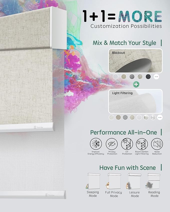 Yoolax Smart Dual Roller Shades, Motorized Blinds with Remote Smart Blinds Compatible with Alexa, Blackout & Sheer Automatic Dual Shades for Windows (Linen Beige & V-Haze White)