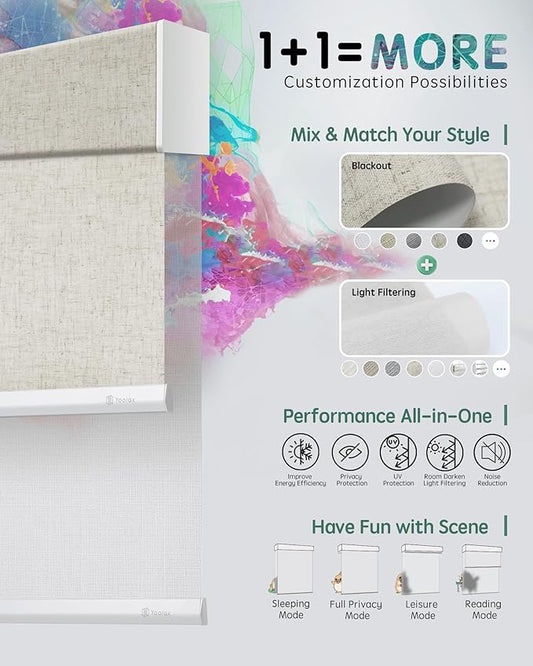 Yoolax Smart Dual Roller Shades, Motorized Blinds with Remote Smart Blinds Compatible with Alexa, Blackout & Sheer Automatic Dual Shades for Windows (Linen Beige & V-Haze White)