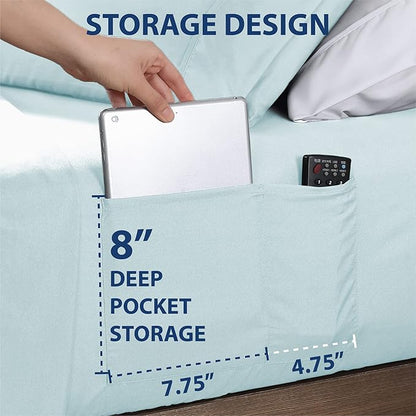 Swift Home Smart Sheets, Ultra Soft Brushed Microfiber 4-Piece Sheet Set, Fitted Bed Sheet with Side Storage Pockets – Aqua, Queen
