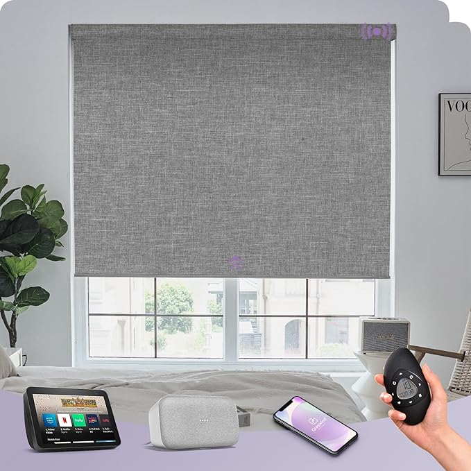 Graywind Motorized Roller Shades Work with Alexa Google Smart Blackout Shades with Remote Insulated Triple Weaved Fabric Window Blinds with Valance for Smart Home Office, Customized Size (Light Grey)