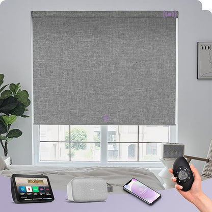 Graywind Motorized Roller Shades Work with Alexa Google Smart Blackout Shades with Remote Insulated Triple Weaved Fabric Window Blinds with Valance for Smart Home Office, Customized Size (Light Grey)