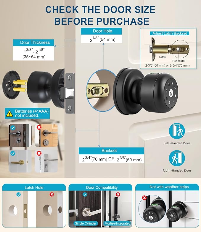 Smart Door Knob with Lock,Keyless Entry Fingerprint Door Lock,Carbon Black | Smart Lock with Auto-Lock , App, Key, Fingerprint Door Locks with Keypad for Front Door, Apartment, Hotel, Interior, Exterior