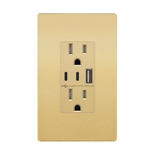 TOPGREENER 3-Port Type C USB Outlet, 15 Amp Receptacle Plug, Charging Power Outlet with Dual Type C&A Ports, Screwless Wall Plate Included, UL Listed, TU21542AC2-GDWP, Gold