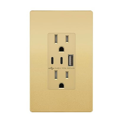 TOPGREENER 3-Port Type C USB Outlet, 15 Amp Receptacle Plug, Charging Power Outlet with Dual Type C&A Ports, Screwless Wall Plate Included, UL Listed, TU21542AC2-GDWP, Gold