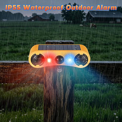Solar Motion Sensor Alarm Outdoor, Red & Blue LED Strobe Light with 130dB Dual Speakers, 13 Loud Sounds Dog Barking & Siren, Continuous Loop Playback, 4 Modes for Deer Bear Coyote Fox Deterrent