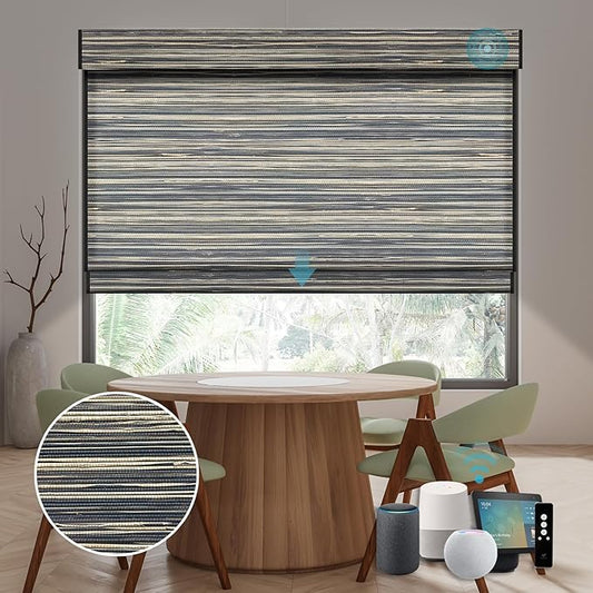 SmartWings Motorized Natural Woven Wood Shades Work with Matter Thread Homekit Z-Wave Alexa Google, 50%/70%/100% Blackout Electric Auto Roman Shades Cordless Remote Control Customized, Bamboo 026