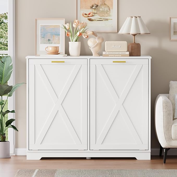 Double Tilt Out Trash Can Cabinet, Wooden Farmhouse Kitchen Garbage Bin Enclosure with Negative Ion Odor Control, Hidden Dog Proof Trash or Laundry Basket Storage for Laundry Room, White