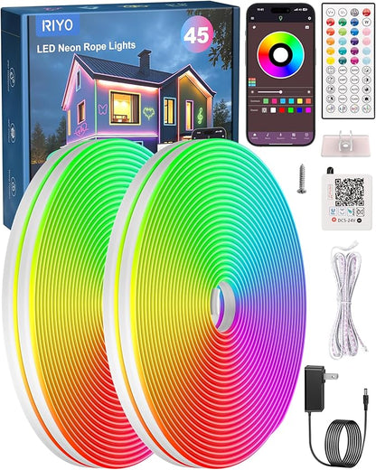RIYO Neon Rope Lights, 150Ft RGB LED Strip Lights - App & Remote Control, Music Sync, IP67 Waterproof, Flexible Cuttable Neon Lights for Bedroom, Gaming, Party, Outdoor Decor, Multiple Modes