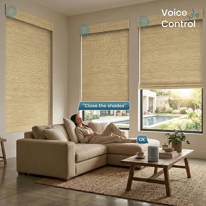 Motorized Roman Woven Woods Shades 100% Blackout Work with HomeKit, Alexa,Google, Remote Control Natural Bamboo Blinds Electric Roman Blinds Custom Size,Crocheting Yellow