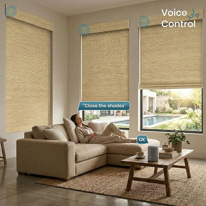 Motorized Roman Woven Woods Shades 100% Blackout Work with HomeKit, Alexa,Google, Remote Control Natural Bamboo Blinds Electric Roman Blinds Custom Size,Crocheting Yellow