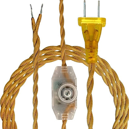 Royal Designs, Inc. 8Ft Twisted Rayon Lamp Cord with NEMA-15P Plug, Rotary Dimmer Switch, Stripped Ends Ready for Wiring, SPT-1 UL Listed, Gold - Pack of 1