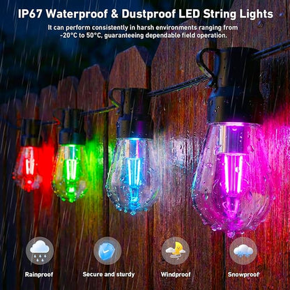 Outdoor String Lights,200FT Smart RGB+IC Patio Lights with Shatterproof LED Bulbs ,Outside Light Dimmable Patio for Decor DIY IP67 Waterproof ,Courtyard, garden,Holiday,LED lights more Scene Modes