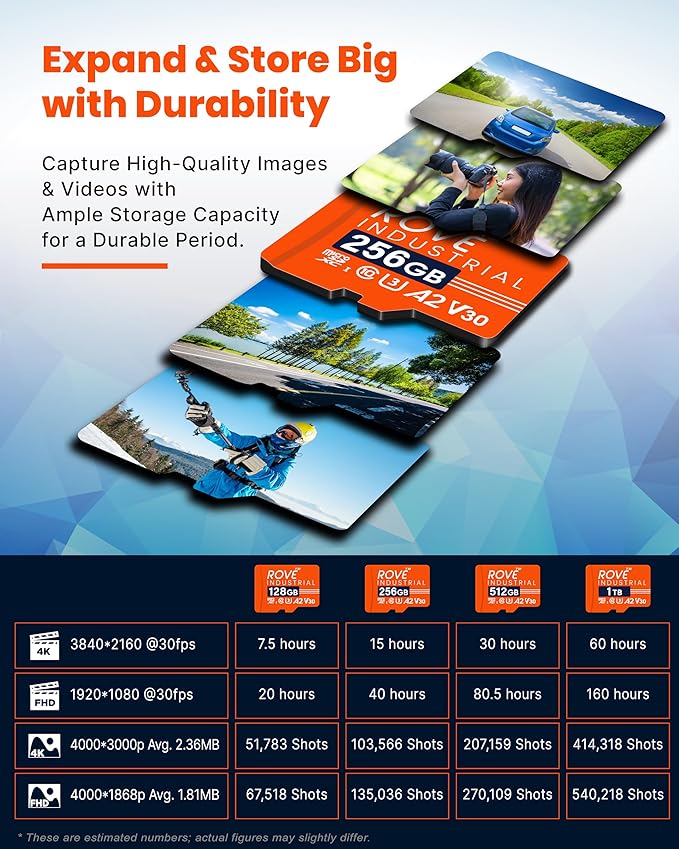 ROVE Industrial 256GB Micro SD Card with USB 3.0 Type C Card Reader, High Endurance microSDXC Memory Card 100MB/s Read Speed, C10, U3, V30, 4K, A2 for Dash Cam, Android Smart Phones, Tablets, Games