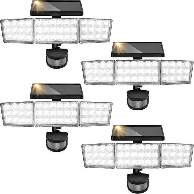 Solar Lights Outdoor, 3500LM 168 LED Motion Sensor Solar Flood Lights, 3 Heads 300° Wide Angle, 3 Modes IP65 Waterproof Solar Security Lights for Yard Garden Patio, 4 Pack (Black)