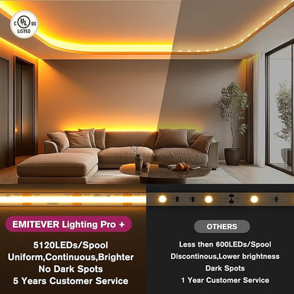 EMITEVER COB LED Strip Lights Warm White, 2700K Tape Light Premium High Density, DC 24V, 360+Lumens/ft, 5120LEDs/Spool, Ra 90+, 32.8ft/10m,UL Listed 5 Year After-Service(Power Supply Sold Separately)
