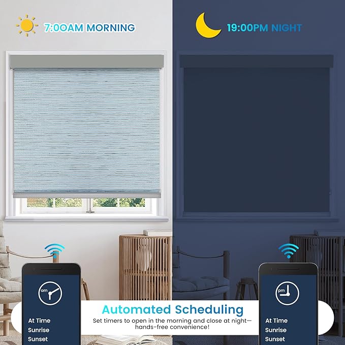 Motorized 100% Blackout Roller Shades – Custom Smart Blinds with Remote Control, Rechargeable Battery or Plug-in Motor, Tuya WiFi Optional, Home & Office Automatic Window Shades (Ash Blue/CH94210)