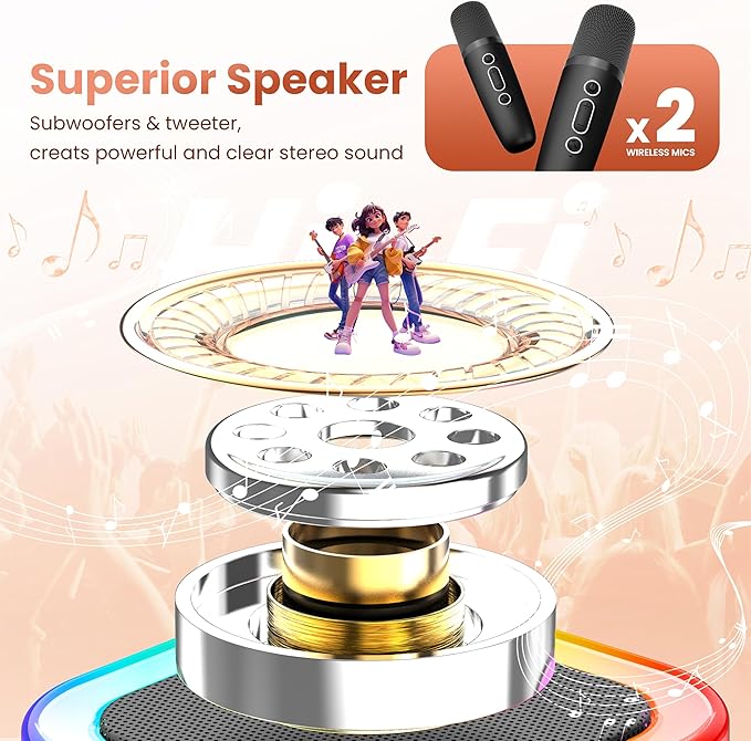 Mini Karaoke Machine for Kids Adults, 2026 TOP Birthday Gifts for Girls Boys 3,4,5,6,7,8+Year Old Toddler Toys, Portable Bluetooth Speaker with 2 Wireless Karaoke Microphones Player (Black)