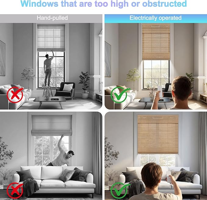 Motorized No Drill Bamboo Roman Blinds with Remote,Cordless Smart Light Filtering Bamboo Roman Shades for Indoor Windows,Alexa Google Home,APP Control,Brown28D07,35" W x 64" H