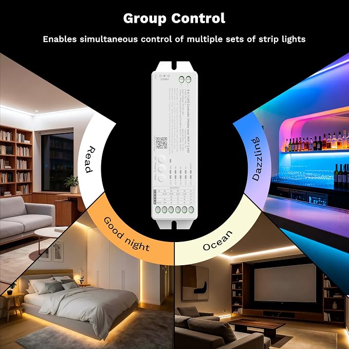 MIWISE Matter LED Controller,2.4GHZ WiFi 4 Zones RF Remote Kit for LED Strip Light,Works with Tuya/Alexa/Google Home/Apple Homekit/Siri,for Dimming/CCT/RGB/RGBCCT/RGBW COB LED Strip Light DC12-48V