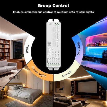 MIWISE Matter LED Controller,2.4GHZ WiFi 4 Zones RF Remote Kit for LED Strip Light,Works with Tuya/Alexa/Google Home/Apple Homekit/Siri,for Dimming/CCT/RGB/RGBCCT/RGBW COB LED Strip Light DC12-48V