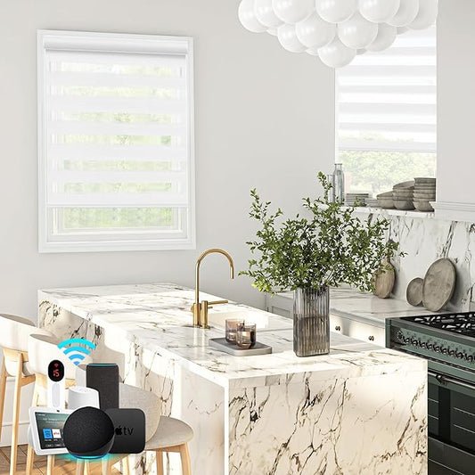 Bringnox Smart Motorized Zebra Roller Blinds - 60% Blackout, Remote Control, Works with HomeKit, Google Home & Alexa via Hub, Custom Size(60% Blackout White-31)