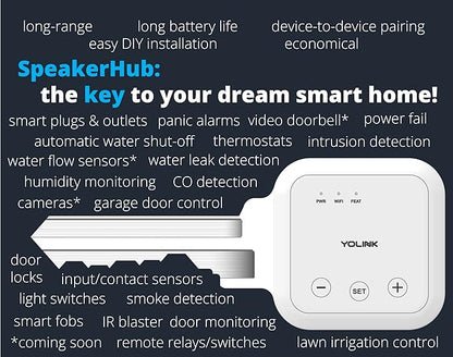 YoLink SpeakerHub & One Motion Sensor Smart Home and Security Kit – Audio Hub Plays Tones/Sounds, Spoken Messages, LoRa-Powered ¼ Mile Range, WiFi Required