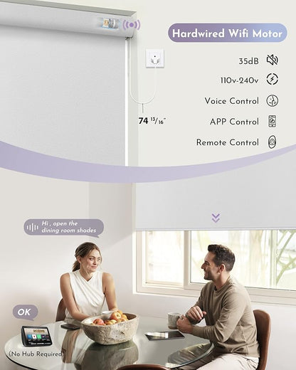 Graywind Motorized Shades 100% Blackout Work with Alexa Google WiFi Hardwired Smart Roller Shade Remote Control Automated Window Blinds with Valance, Customized Size (Bright White)