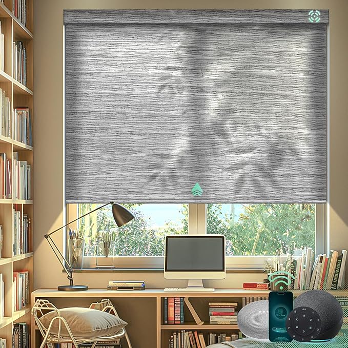 Yoolax Motorized Blinds with Remote, Light Filtering Smart Blinds Work with Alexa, Google, Automatic Roller Shades for Windows, Custom Electric Shades for Living Room Office (Foggy Grey)