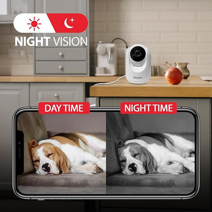 Energizer Smart 2K Indoor Pan & Tilt Wired Camera, Motion Tracking, Two-Way Audio, Night Vision, Instant Notifications, Recording, App, Hub-Free Wi-Fi Connection, Compatible with Alexa & Google Home