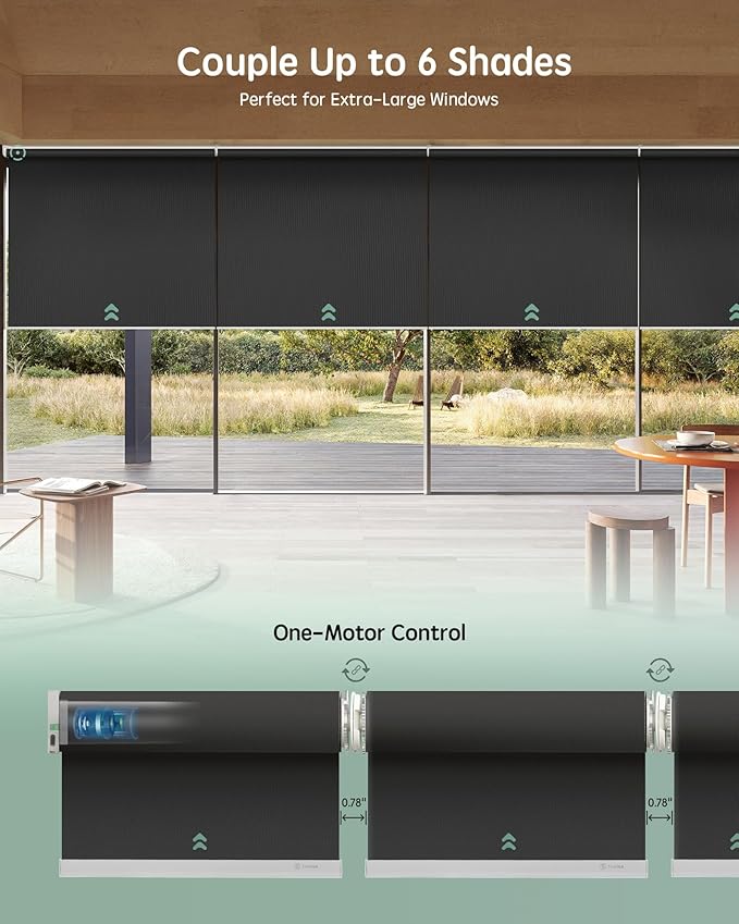 Yoolax Smart Coupled Roller Shades Compatible with Alexa Google, Motorized Blinds with Remote Blackout Coupled Roller Shades for X-Large Windows, Custom Size (XL Coupled-Vinyl Dark Gray)