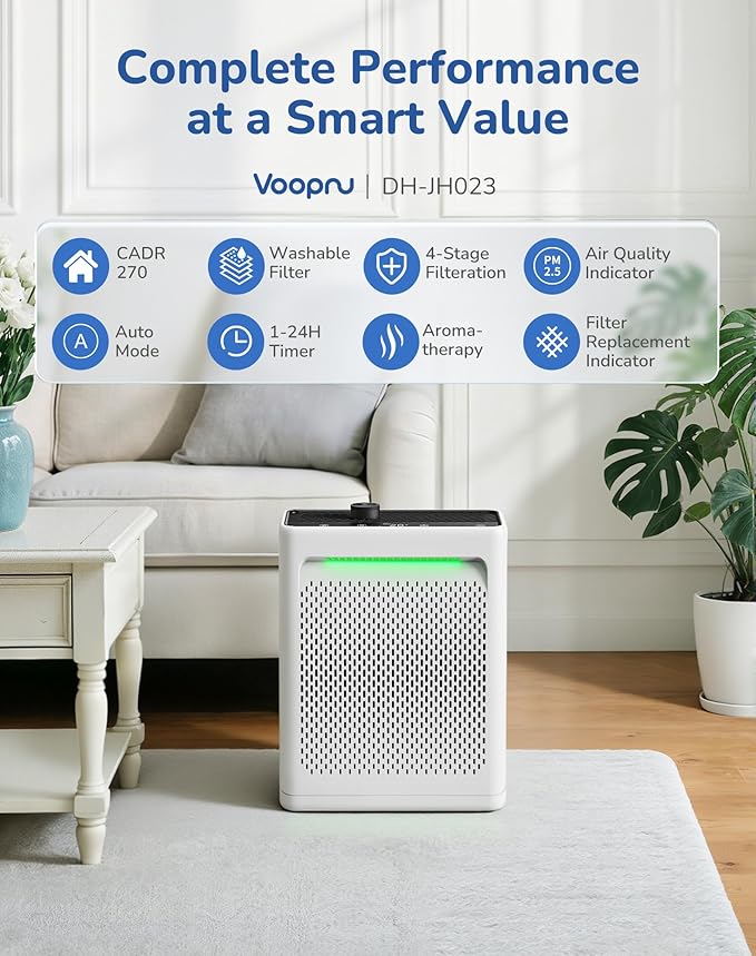 Air Purifier for Home Large Room, CADR 270 Powerful Bedroom Air Cleaner|Washable Pre-Filter, Sleep Mode, AQI Display, AUTOMode with Aromatherapy, Reduce Pets Hair Dust Pollen Odor, DH-JH023 White