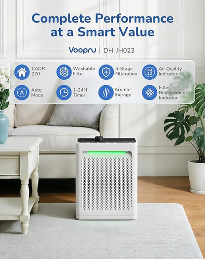 Air Purifier for Home Large Room, CADR 270 Powerful Bedroom Air Cleaner|Washable Pre-Filter, Sleep Mode, AQI Display, AUTOMode with Aromatherapy, Reduce Pets Hair Dust Pollen Odor, DH-JH023 White