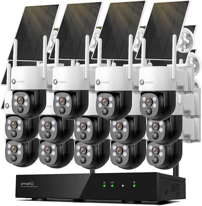 xmartO Wire-Free PTZ Solar Home Security Camera System Wireless, 14-Set 2K 4MP QHD CCTV Camera Kit with 4k 16CH Expandable Wi-Fi 6 NVR, All-Weather Solar Charge