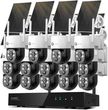 xmartO Wire-Free PTZ Solar Home Security Camera System Wireless, 14-Set 2K 4MP QHD CCTV Camera Kit with 4k 16CH Expandable Wi-Fi 6 NVR, All-Weather Solar Charge