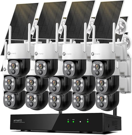xmartO Wire-Free PTZ Solar Home Security Camera System Wireless, 14-Set 2K 4MP QHD CCTV Camera Kit with 4k 16CH Expandable Wi-Fi 6 NVR, All-Weather Solar Charge