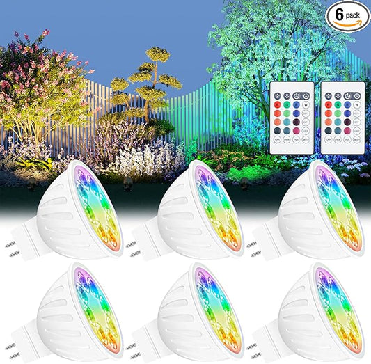 MR16 Color Changing LED Bulbs Outdoor Exclusive Single-Color Cycle Mode MR16 LED Bulb Color Changing Gu5.3 Base for Landscape Lighting RGB±CCT 2700K-6000K Remote Control, 6-Pack